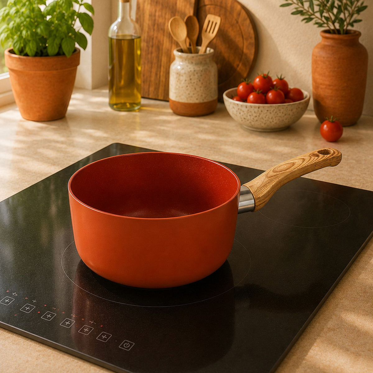Casserole Colorama 18 cm orange sur plaque induction noire, vue de trois-quarts dans une cuisine moderne