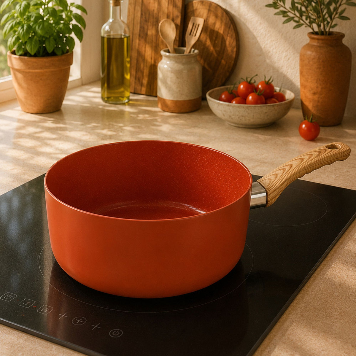 Casserole Colorama 20 cm orange avec manche bois sur plaque induction, cuisine lumineuse avec tomates et herbes