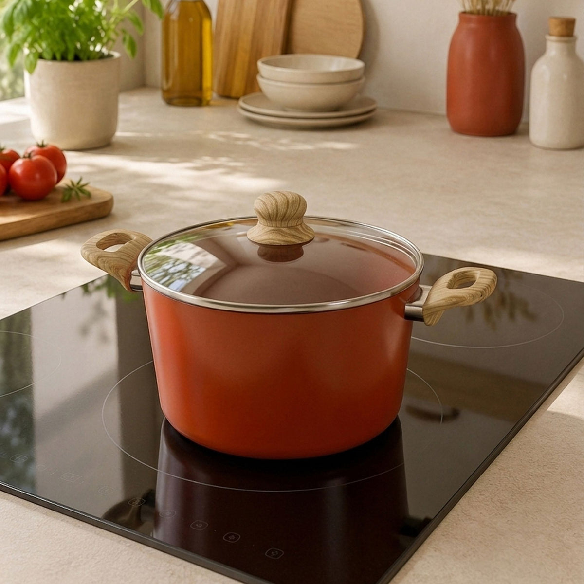 Faitout Colorama 24 cm terracotta avec couvercle et poignées bois sur plaque induction moderne