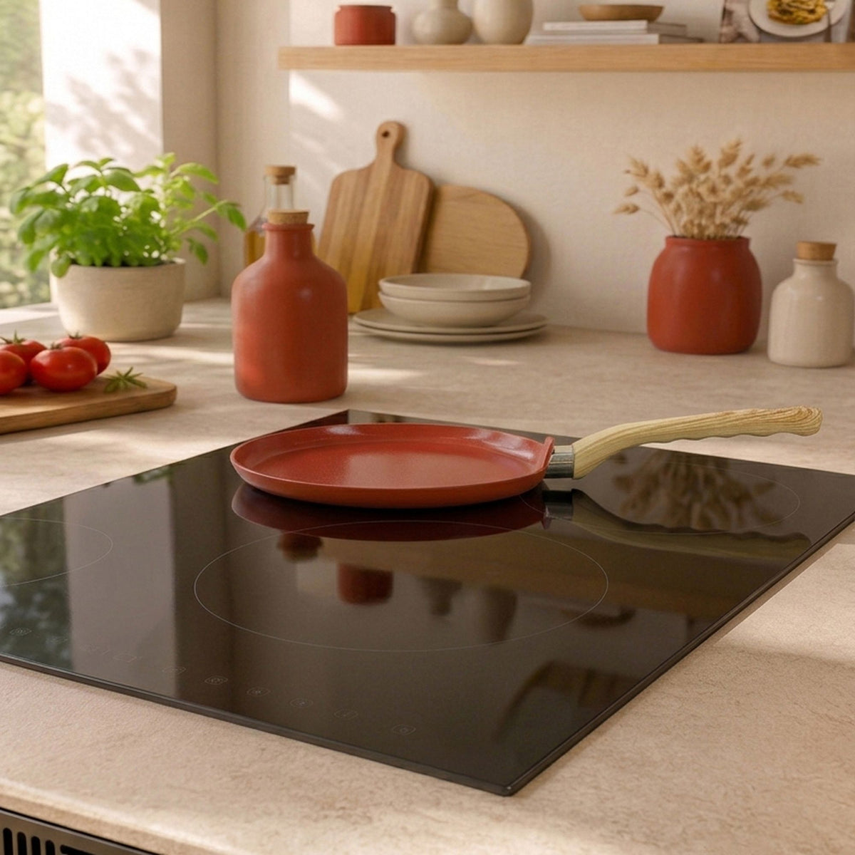 Crêpière Colorama 26 cm terracotta posée sur plaque induction noire dans cuisine moderne aux tons naturels