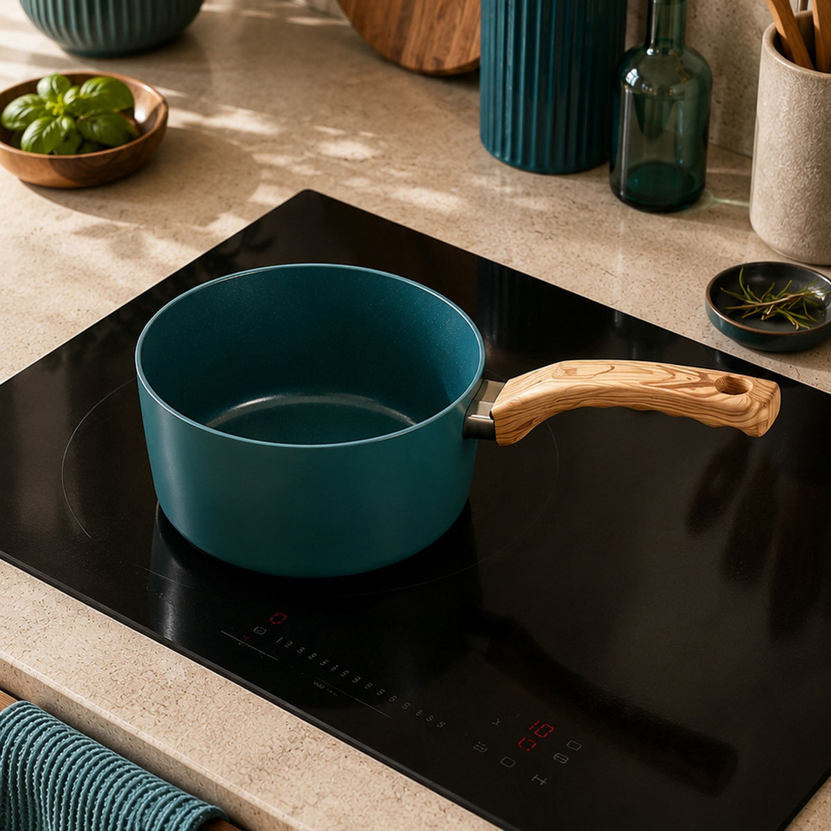 Casserole Colorama 16 cm vert canard avec manche bois sur plaque induction, vue d'ensemble dans cuisine moderne
