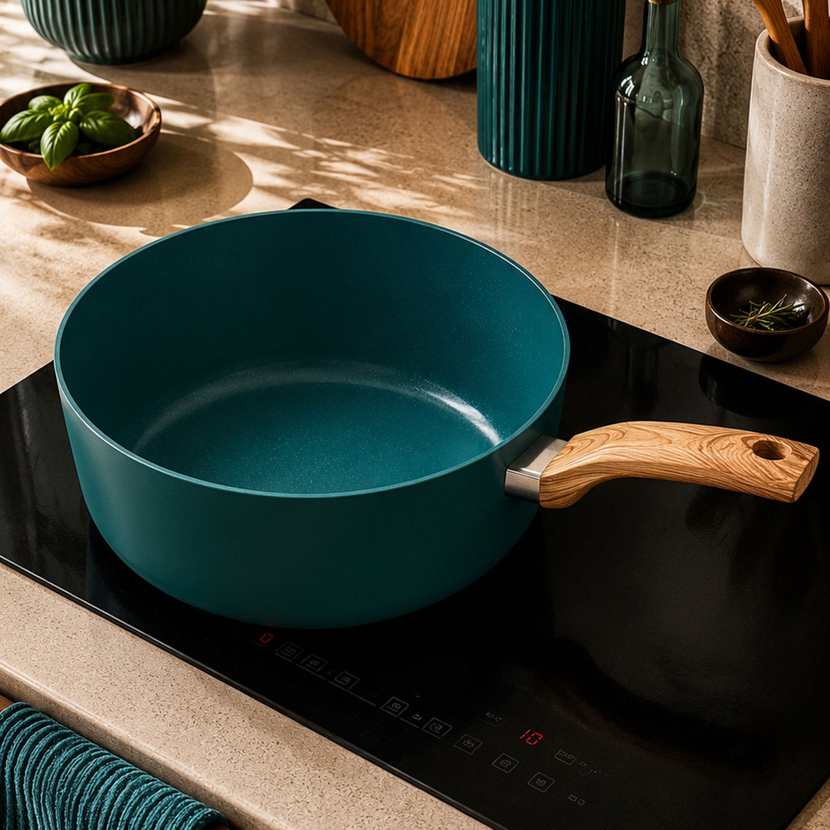 Casserole Colorama 20 cm bleu canard avec manche bois posée sur plaque induction, décor cuisine moderne
