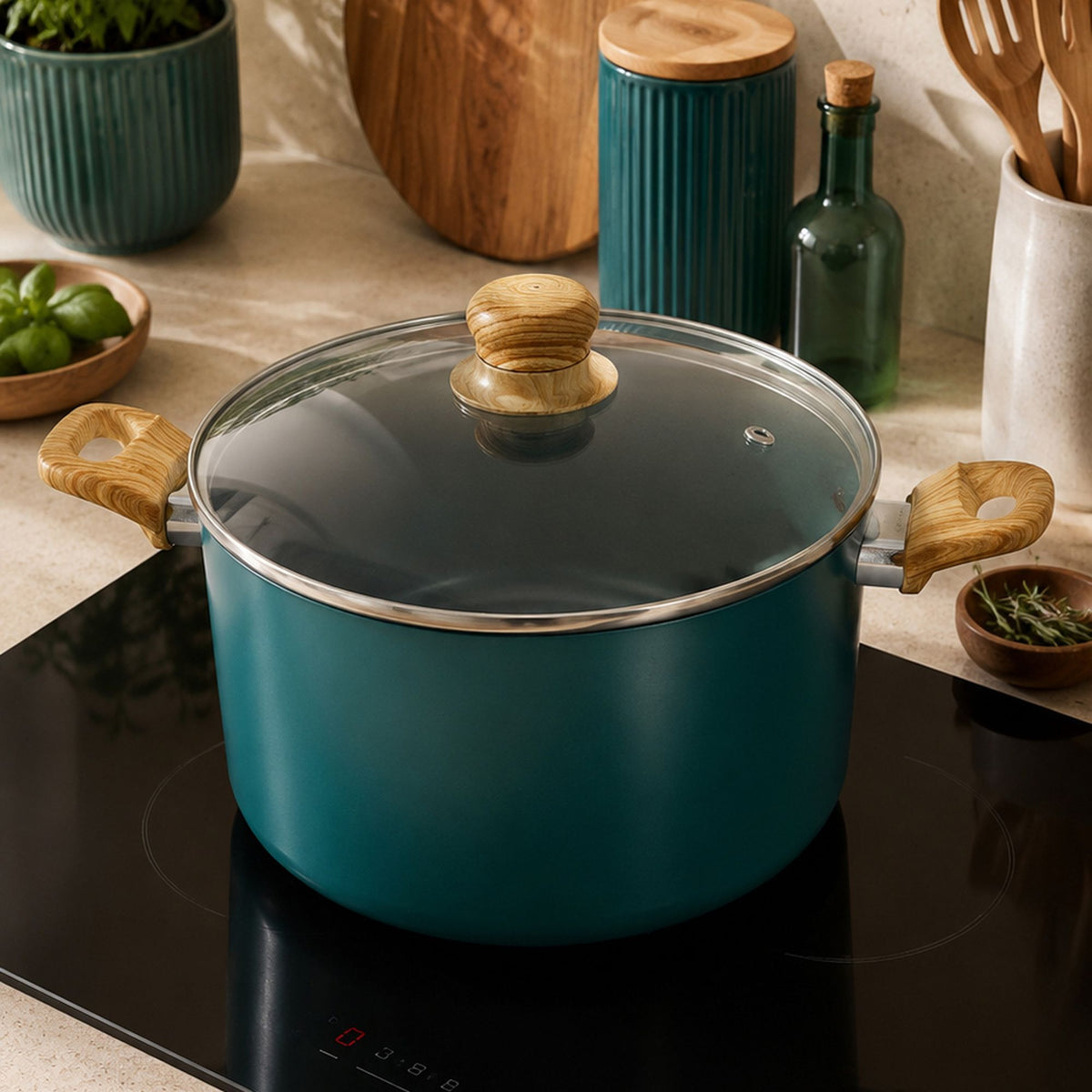 Faitout Colorama 24 cm bleu-vert avec couvercle verre et poignées bois, posé sur plaque induction dans cuisine moderne