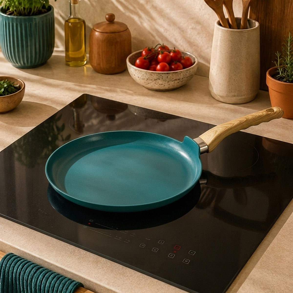 Crêpière Colorama 26 cm turquoise avec manche bois sur plaque induction dans cuisine moderne