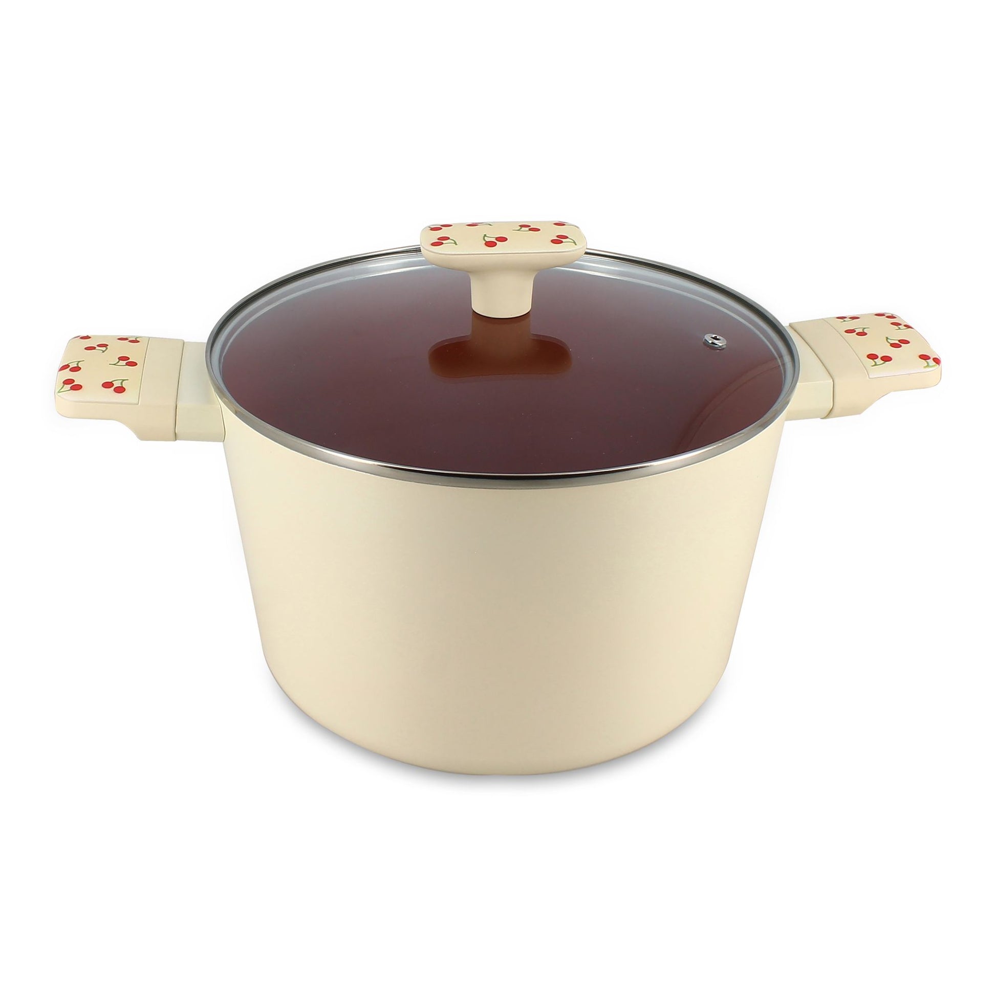 Faitout Cerise 24cm en aluminium couleur crème avec couvercle transparent, motifs cerises rouges, Menastyl