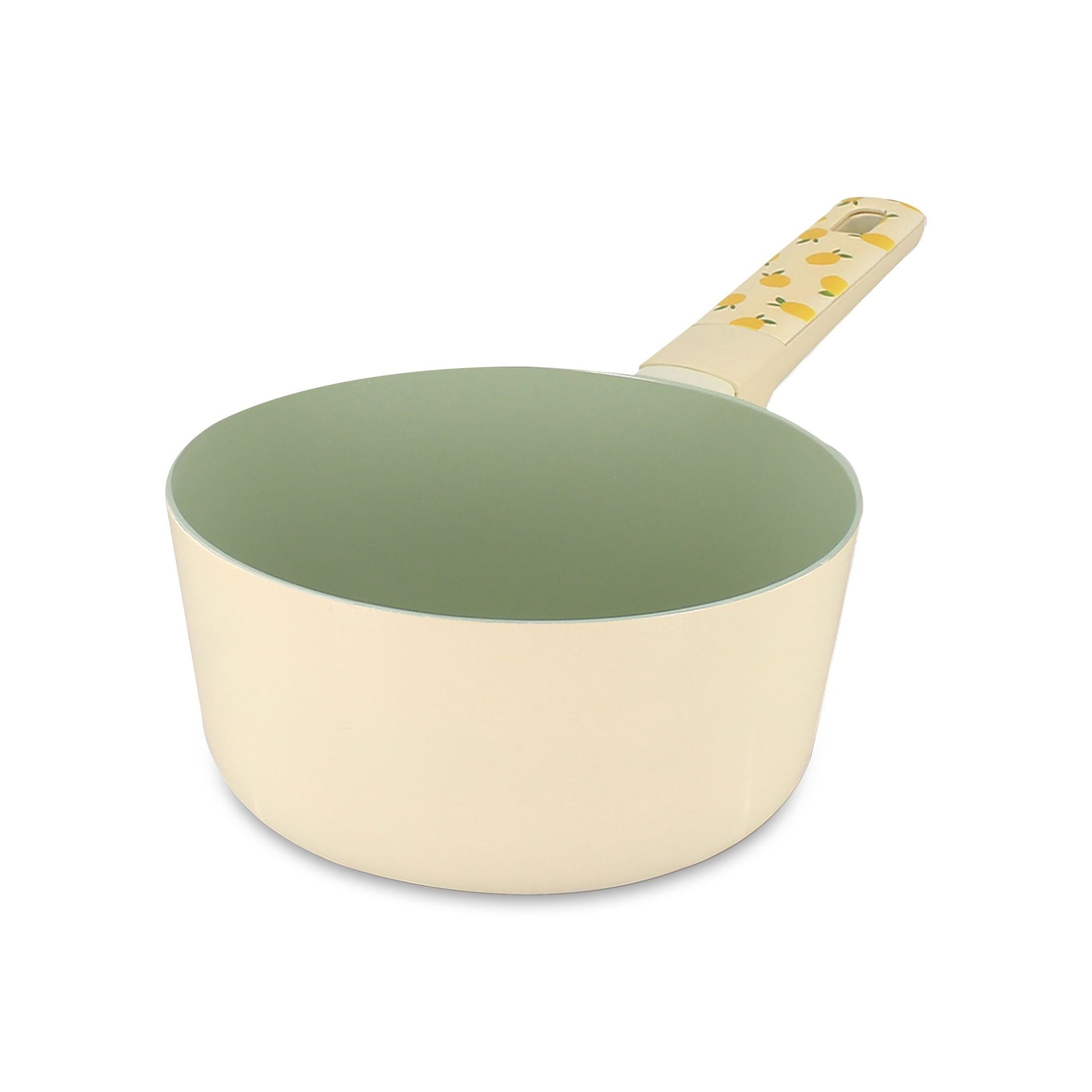 Casserole Citron 18 cm en aluminium Menastyl, finition beige crème avec motifs citrons sur le manche, intérieur vert sauge