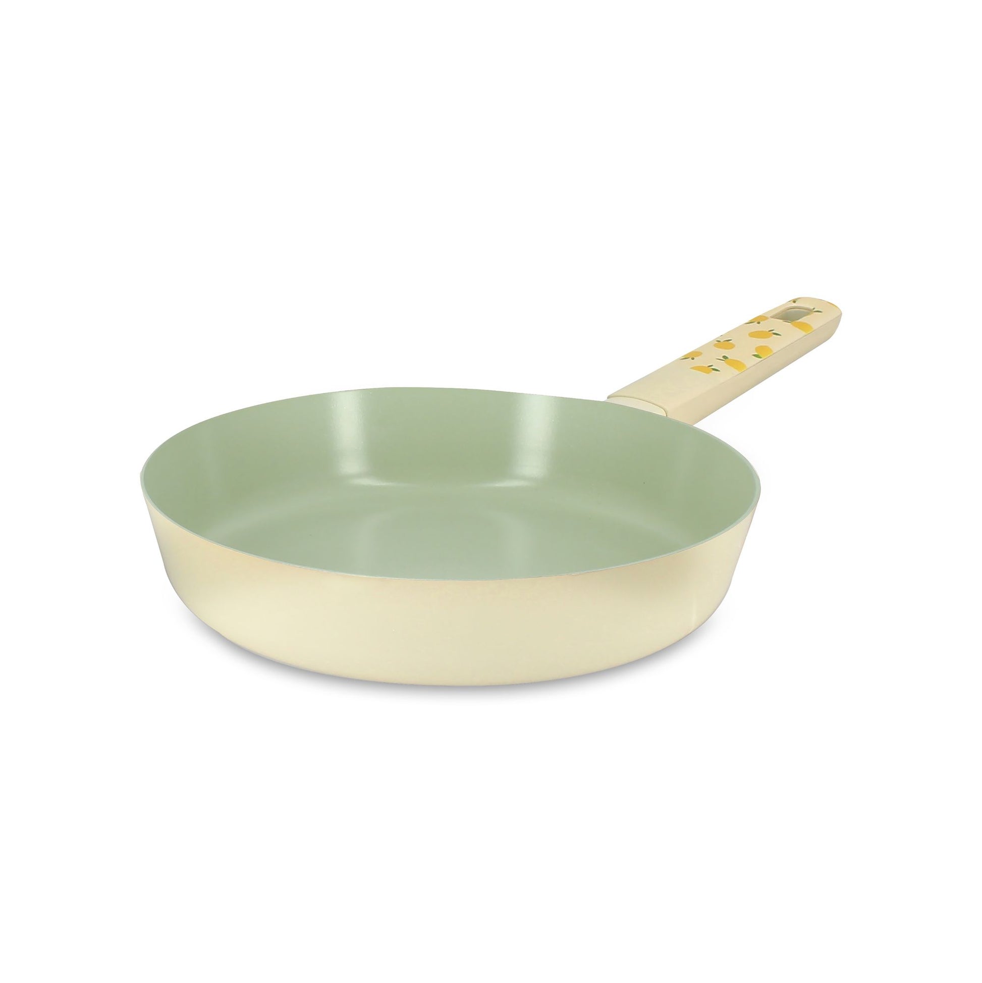 Poêle Citron 20cm en aluminium Menastyl, intérieur vert pastel, extérieur beige, manche décoré motifs citrons