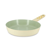 Poêle Citron 24cm en aluminium Menastyl, intérieur vert pastel et extérieur crème, manche décoré de citrons