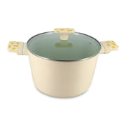 Faitout aluminium 24cm Menastyl couleur crème motif citron avec couvercle en verre, vue de face