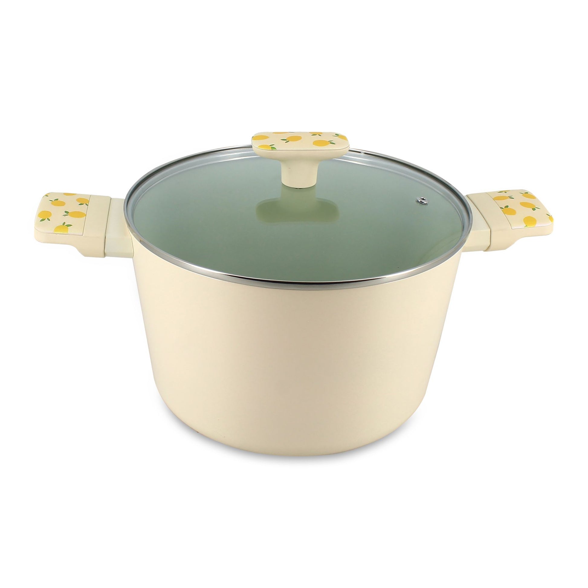 Faitout aluminium 24cm Menastyl couleur crème motif citron avec couvercle en verre, vue de face