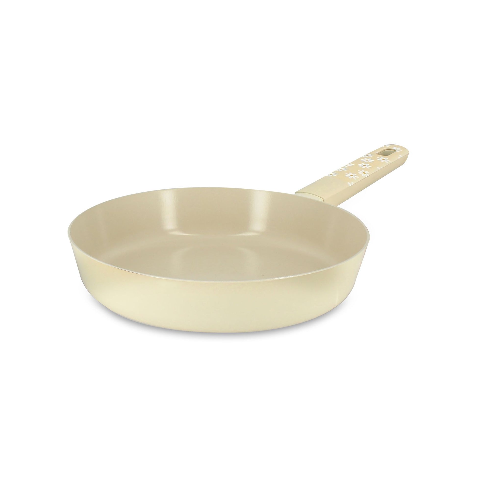 Poêle Marguerite 20cm en aluminium beige clair Menastyl, vue de trois-quarts avec manche