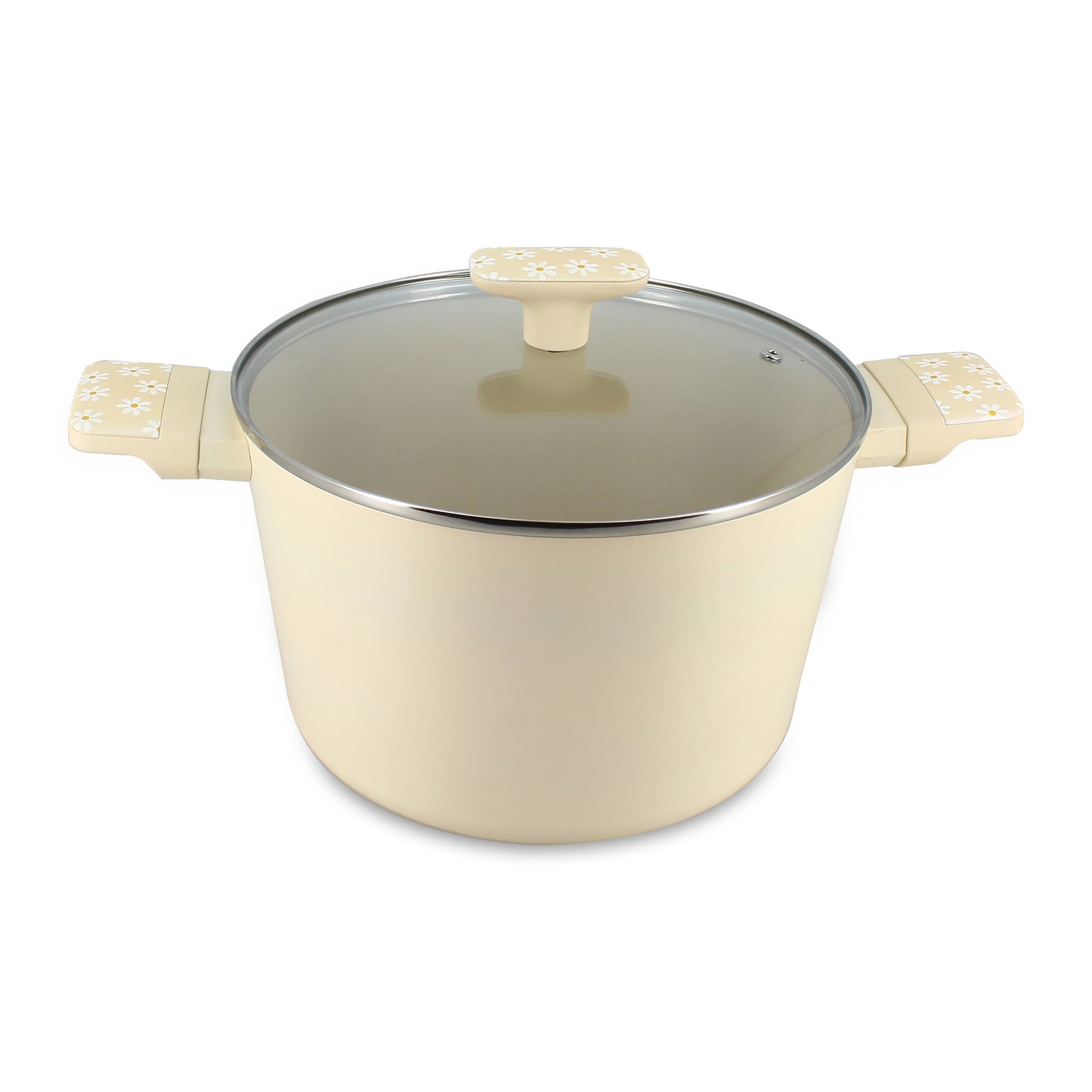 Faitout Marguerite 24cm en aluminium beige avec couvercle verre et motifs floraux Menastyl
