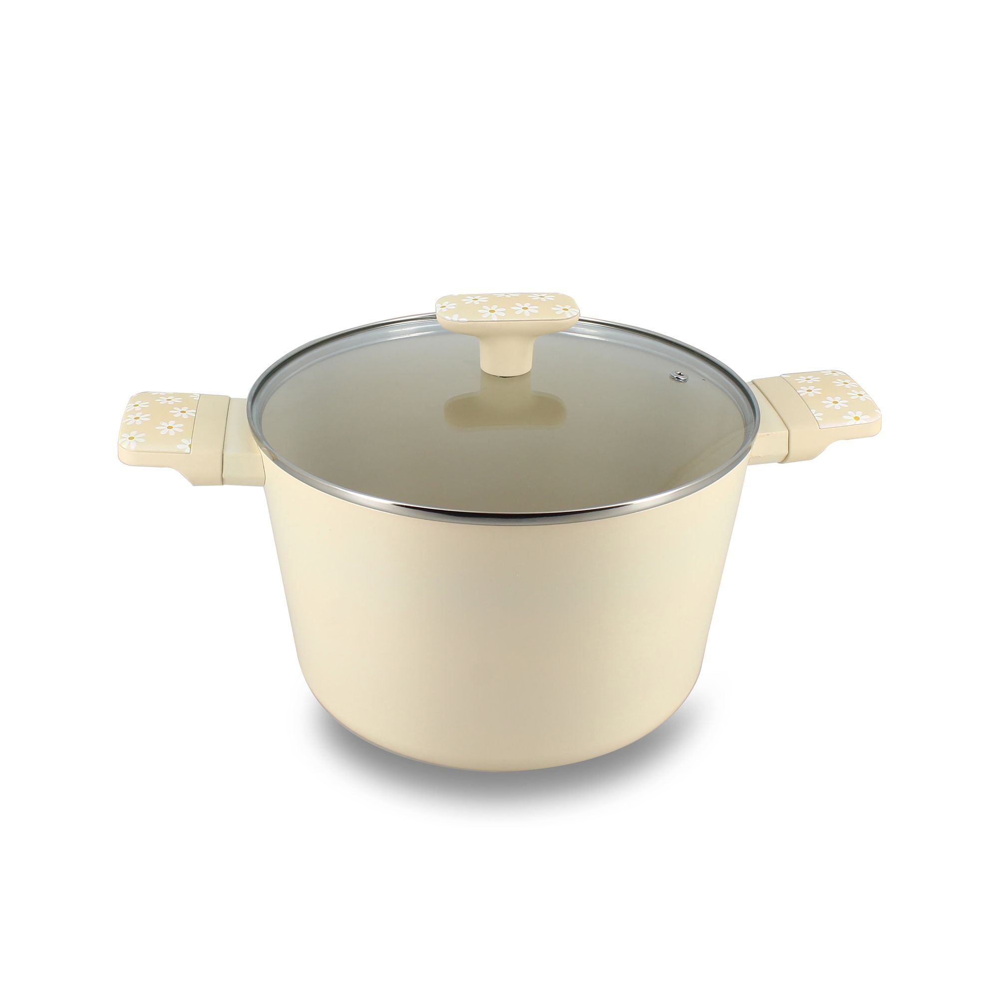 Faitout Marguerite 24cm en aluminium couleur crème avec couvercle en verre et poignées décoratives Menastyl