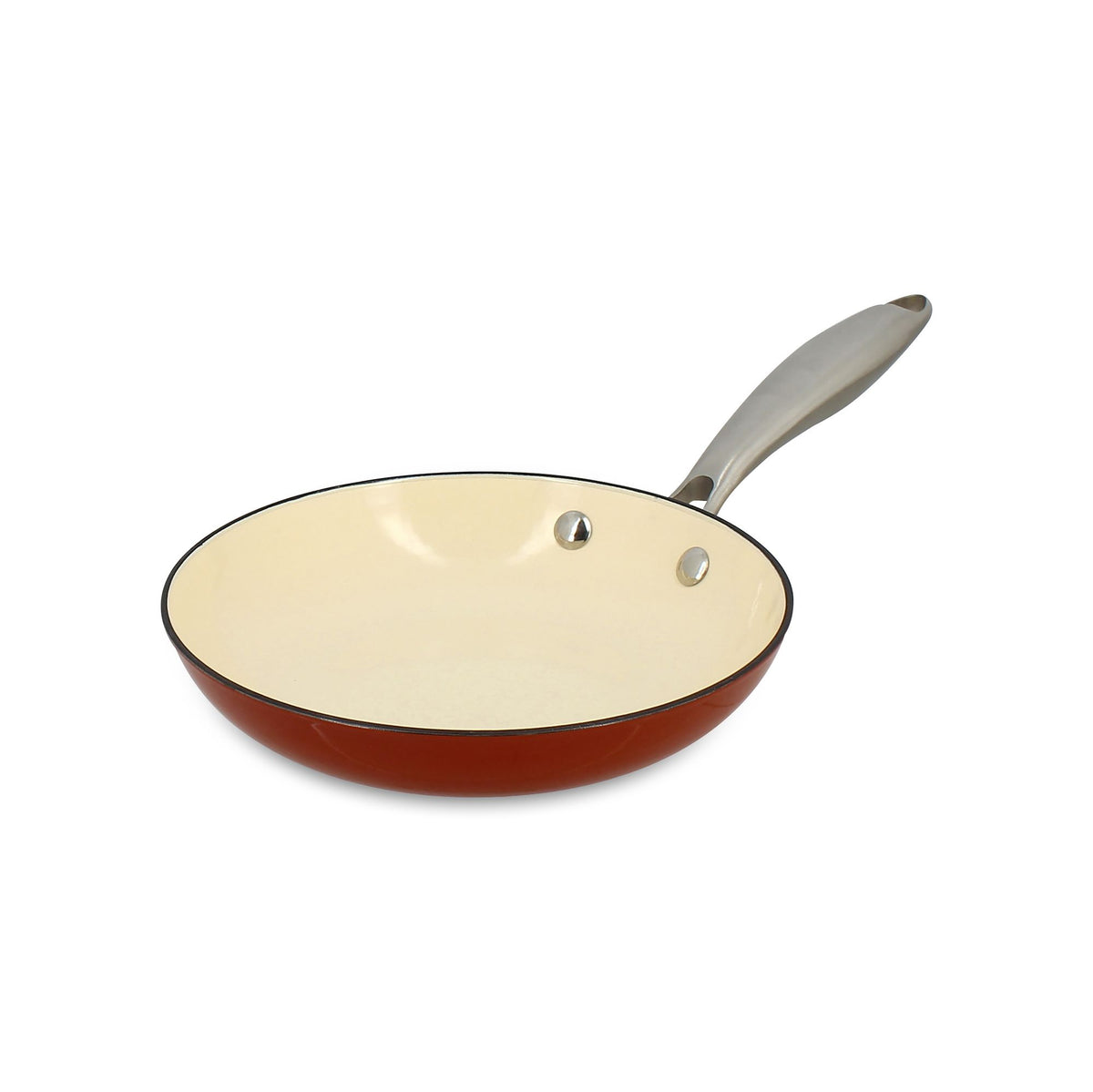 Poêle Montagne 20cm en fonte émaillée crème Menastyl, extérieur rouge cuivré, manche gris sur fond blanc