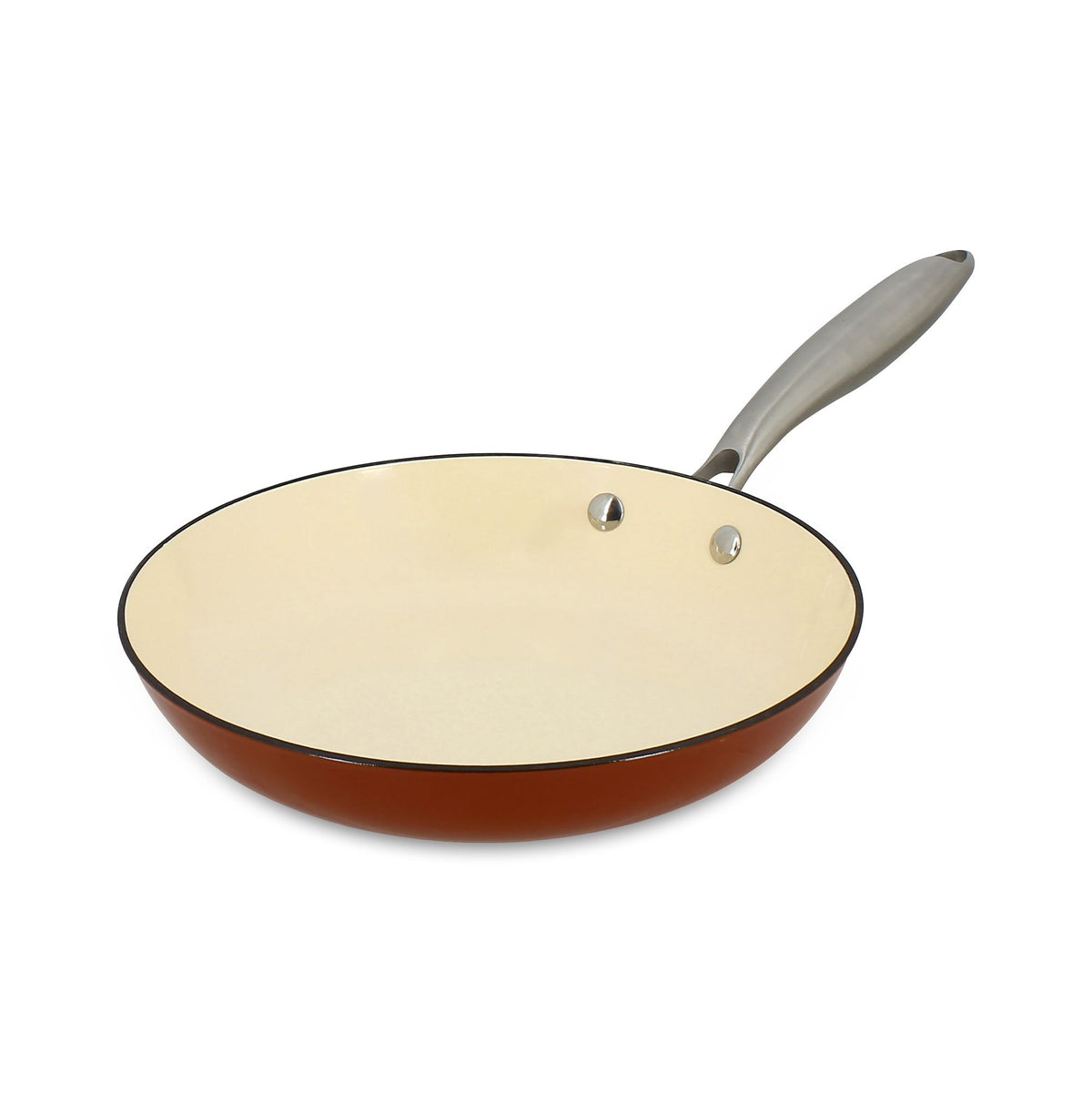 Poêle Montagne 24cm en fonte Menastyl, extérieur marron, intérieur émail crème, manche gris, vue trois-quarts