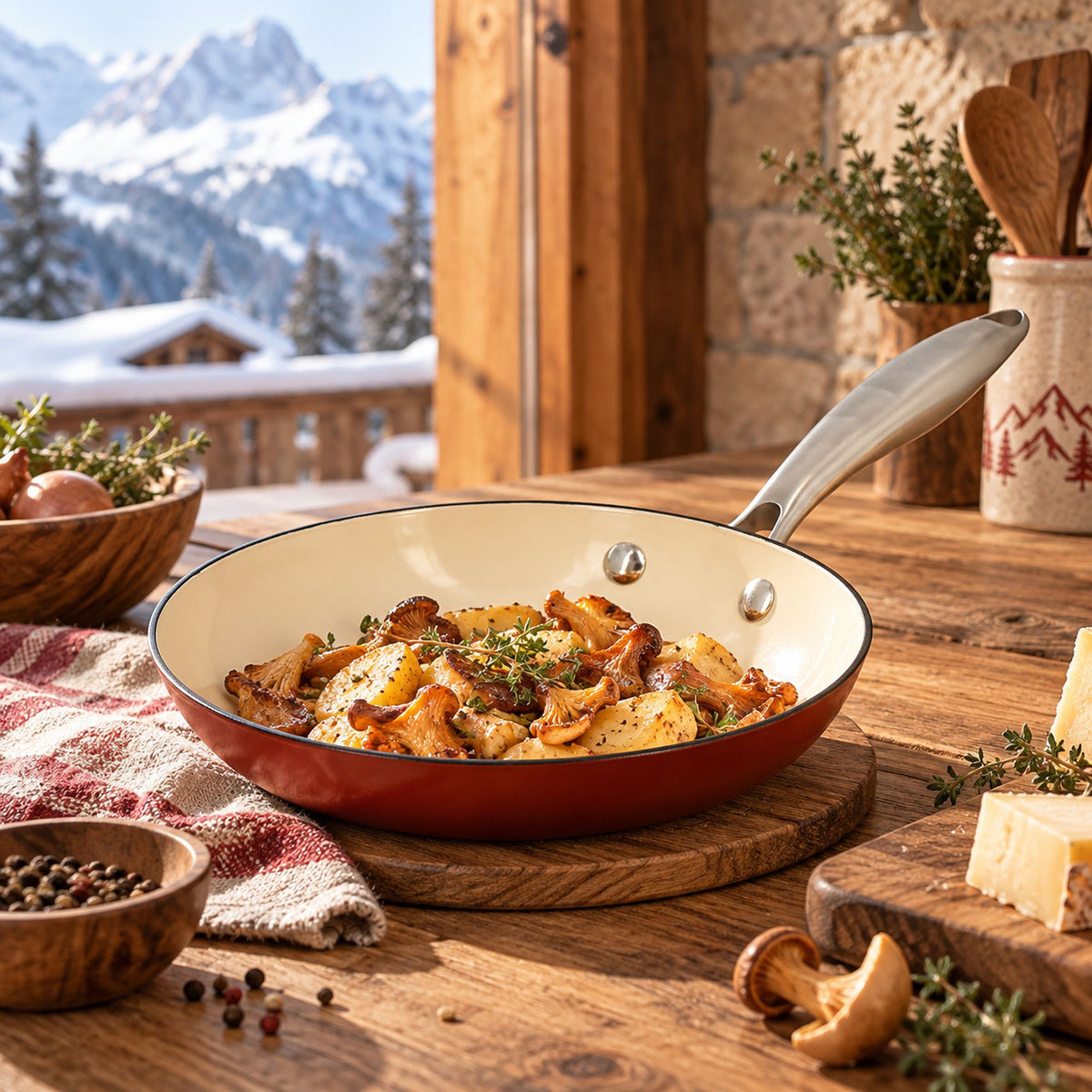 Poêle Montagne 28cm en fonte avec pommes de terre et champignons, intérieur émail crème, sur planche bois rustique