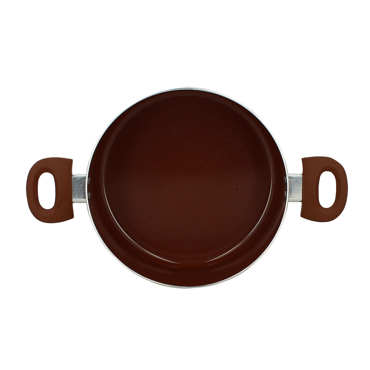Vue de dessus faitout vache 24cm, intérieur revêtement céramique marron et poignées ergonomiques
