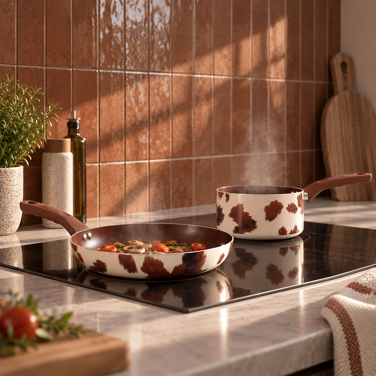 Set 2 pièces motif vache crème et marron avec poêle et casserole sur plaque induction, cuisine carrelée terracotta