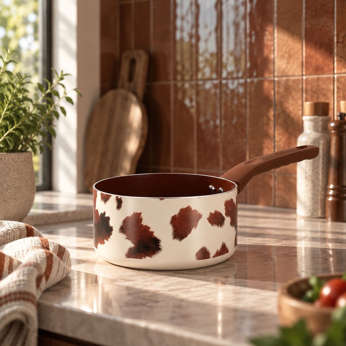 Casserole motif vache crème et marron avec manche bois, posée sur plan de travail en marbre de cuisine lumineuse
