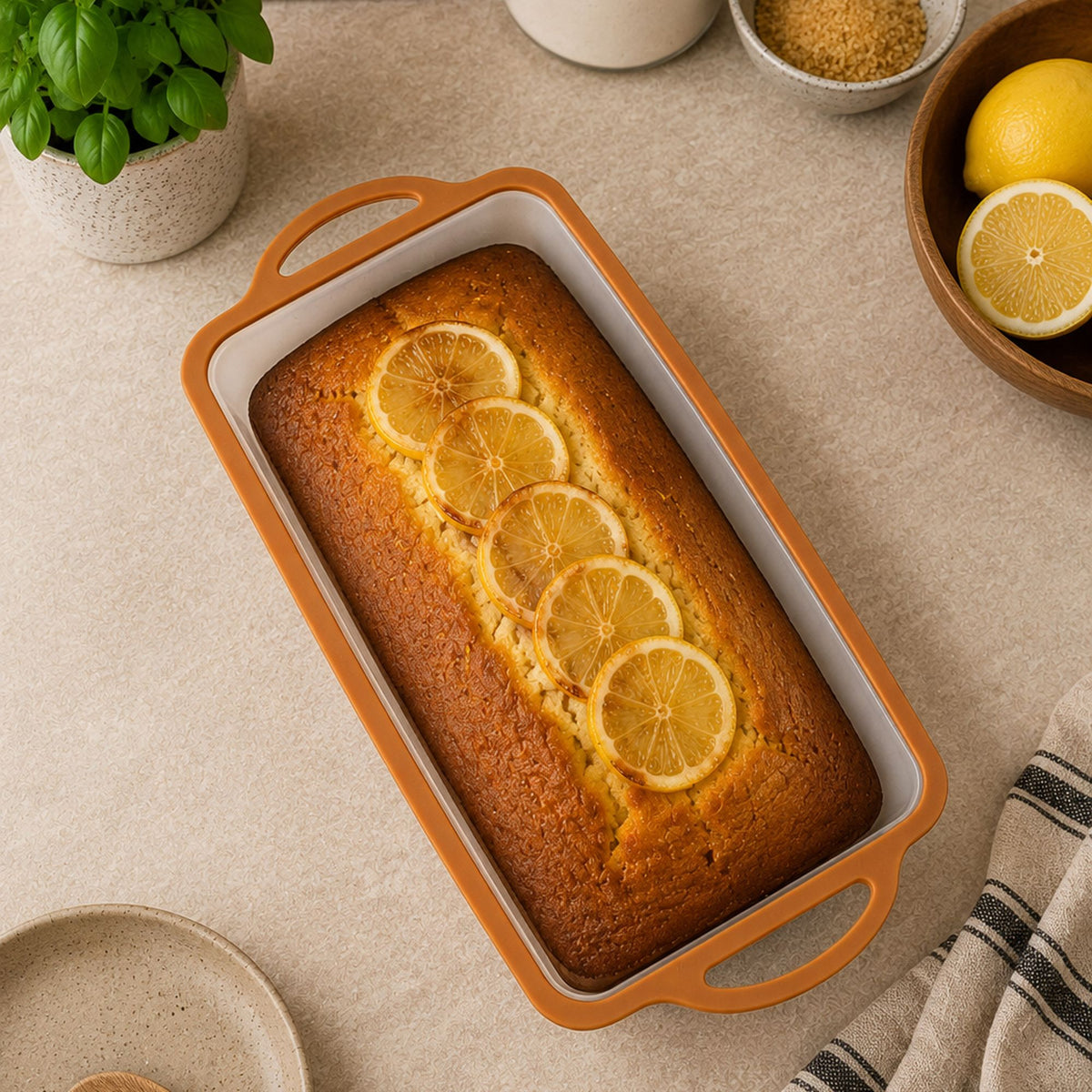Moule à cake Mady 31,5cm avec gâteau au citron, cadre silicone orange et insert acier carbone