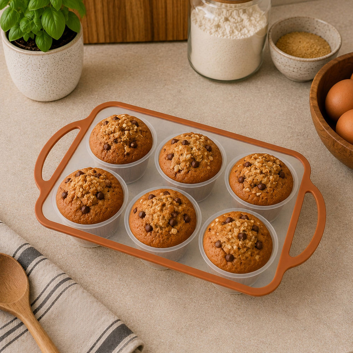 Moule à pâtisserie 6 compartiments avec muffins aux pépites de chocolat, bordure silicone orange sur plan de travail