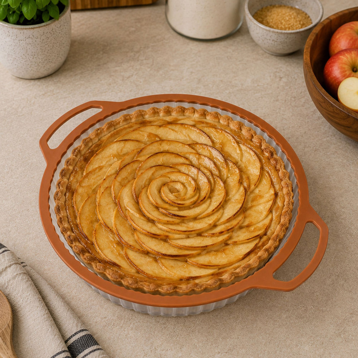 Tarte aux pommes disposée en spirale dans moule à tarte Mady 26cm silicone et acier carbone sur plan de travail