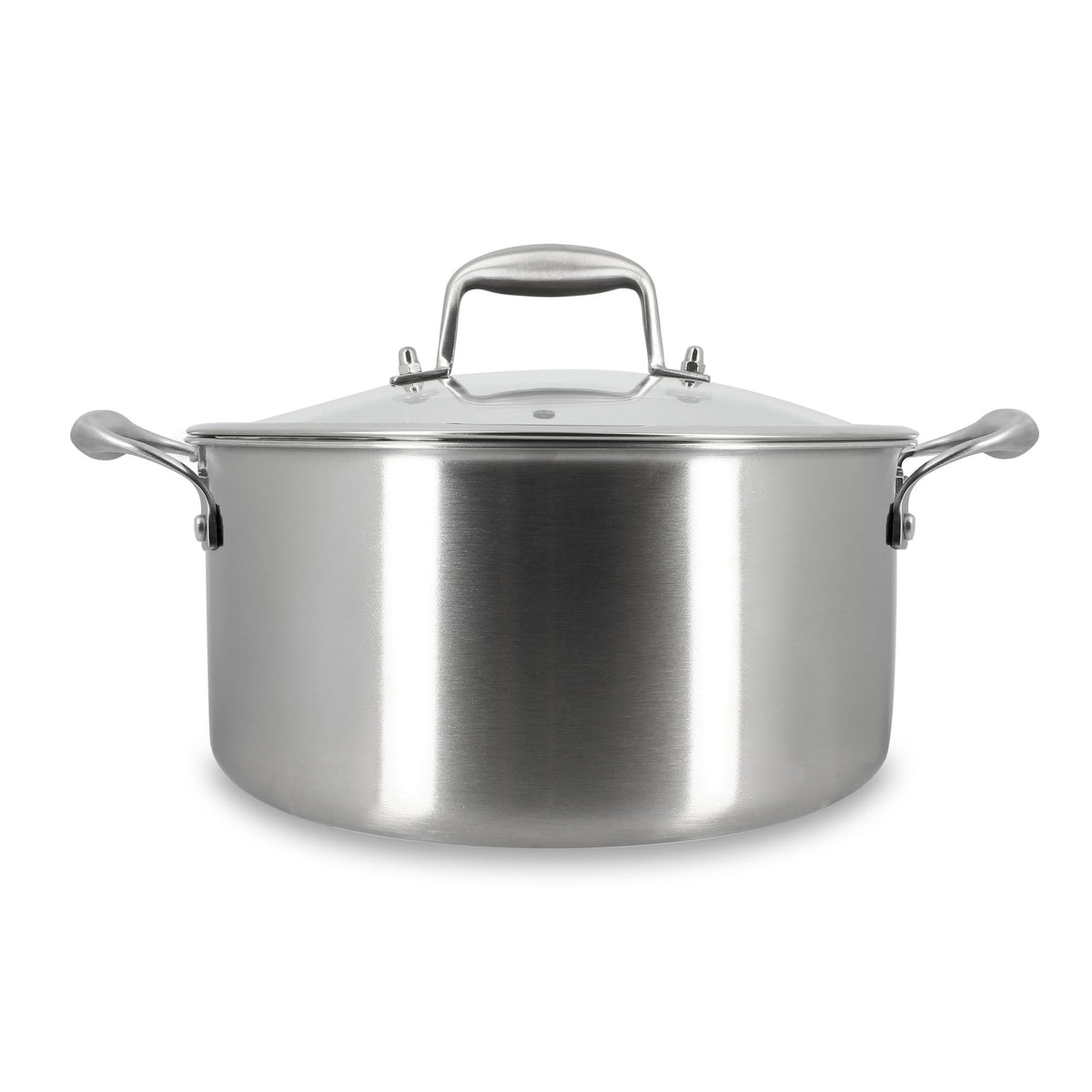 Faitout Aglaé 24cm en acier inoxydable avec couvercle en verre et poignées ergonomiques, vue de face sur fond blanc