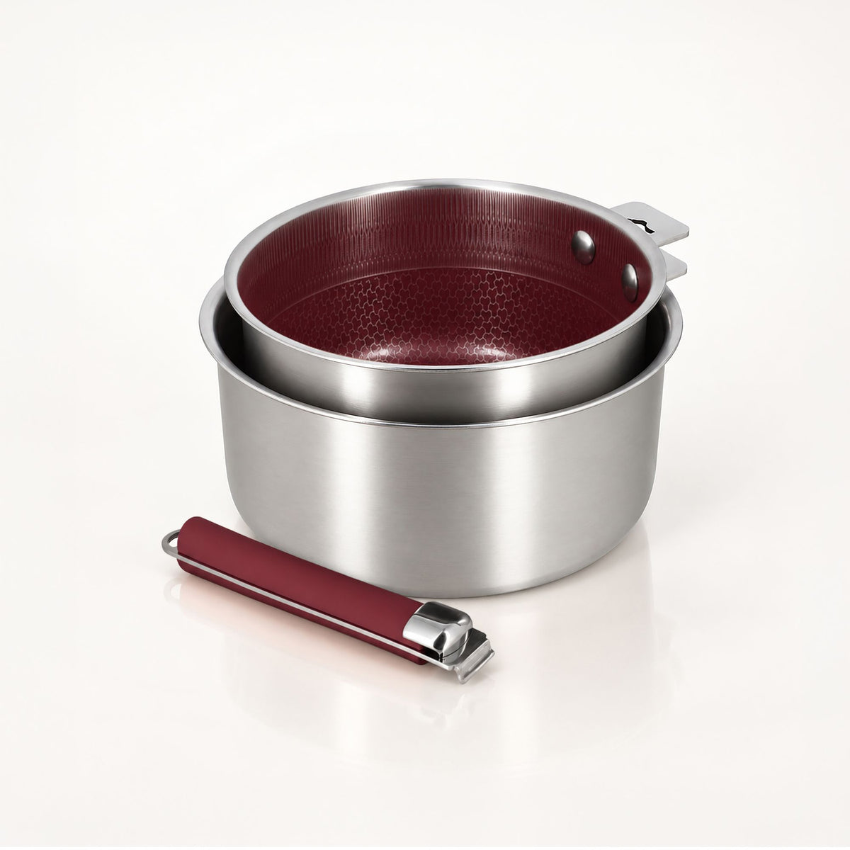 Lot de 2 casseroles Aglaé 16 et 20cm en acier inoxydable avec revêtement intérieur bordeaux et poignée amovible assortie