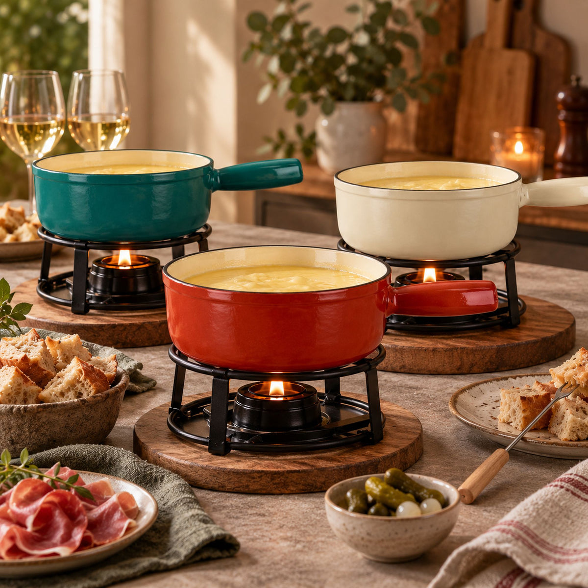Trois caquelons à fondue en fonte émaillée rouge, blanc et bleu turquoise sur réchauds, ambiance conviviale avec pain et charcuterie