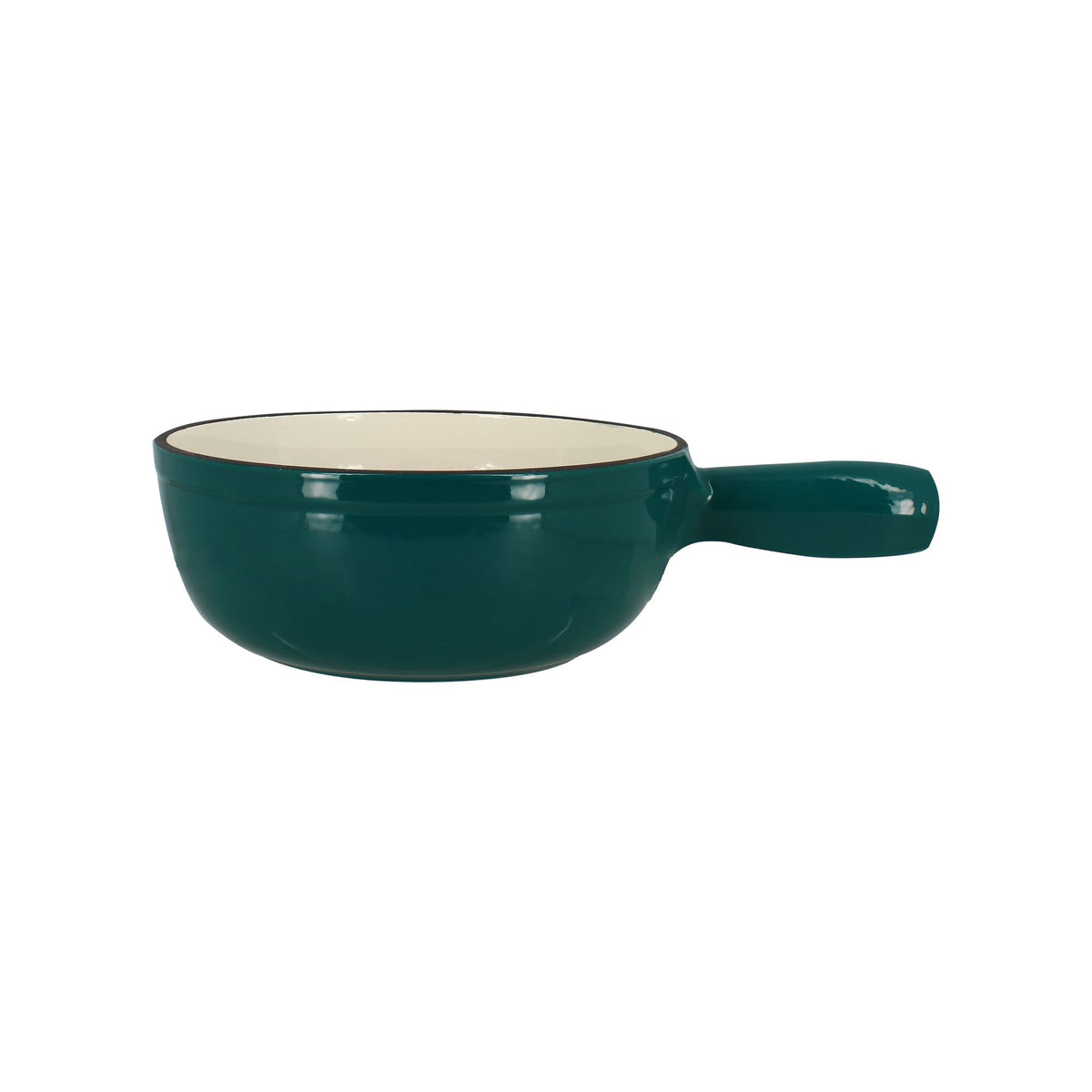 Caquelon à fondue en fonte émaillée vert émeraude avec poignée latérale, vue de profil sur fond blanc