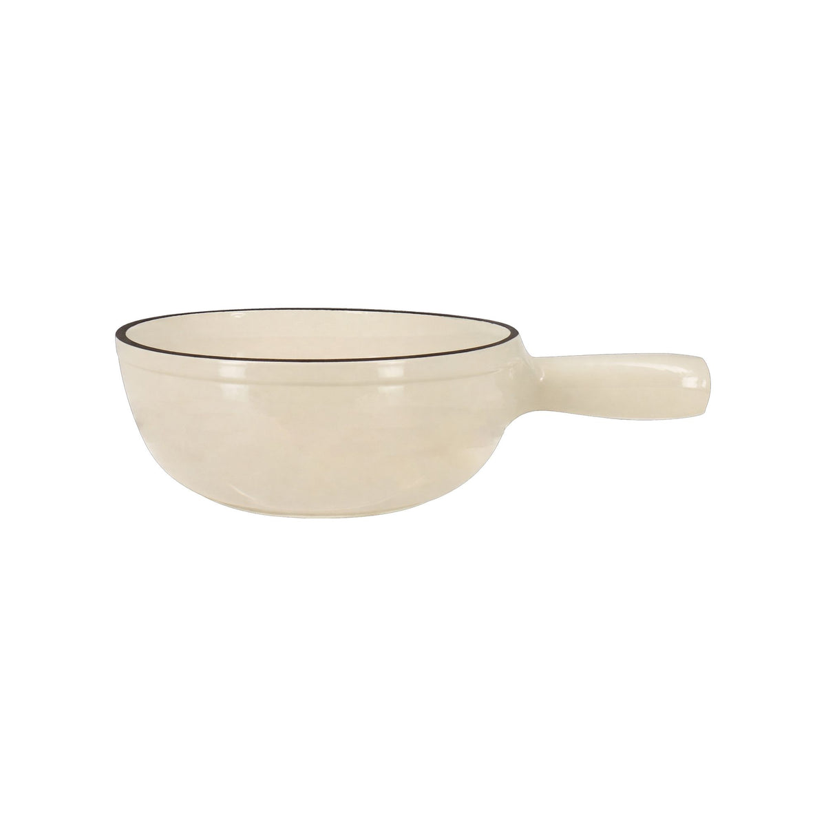 Caquelon à fondue 1.9l en fonte émaillée beige avec poignée intégrée, vue de profil
