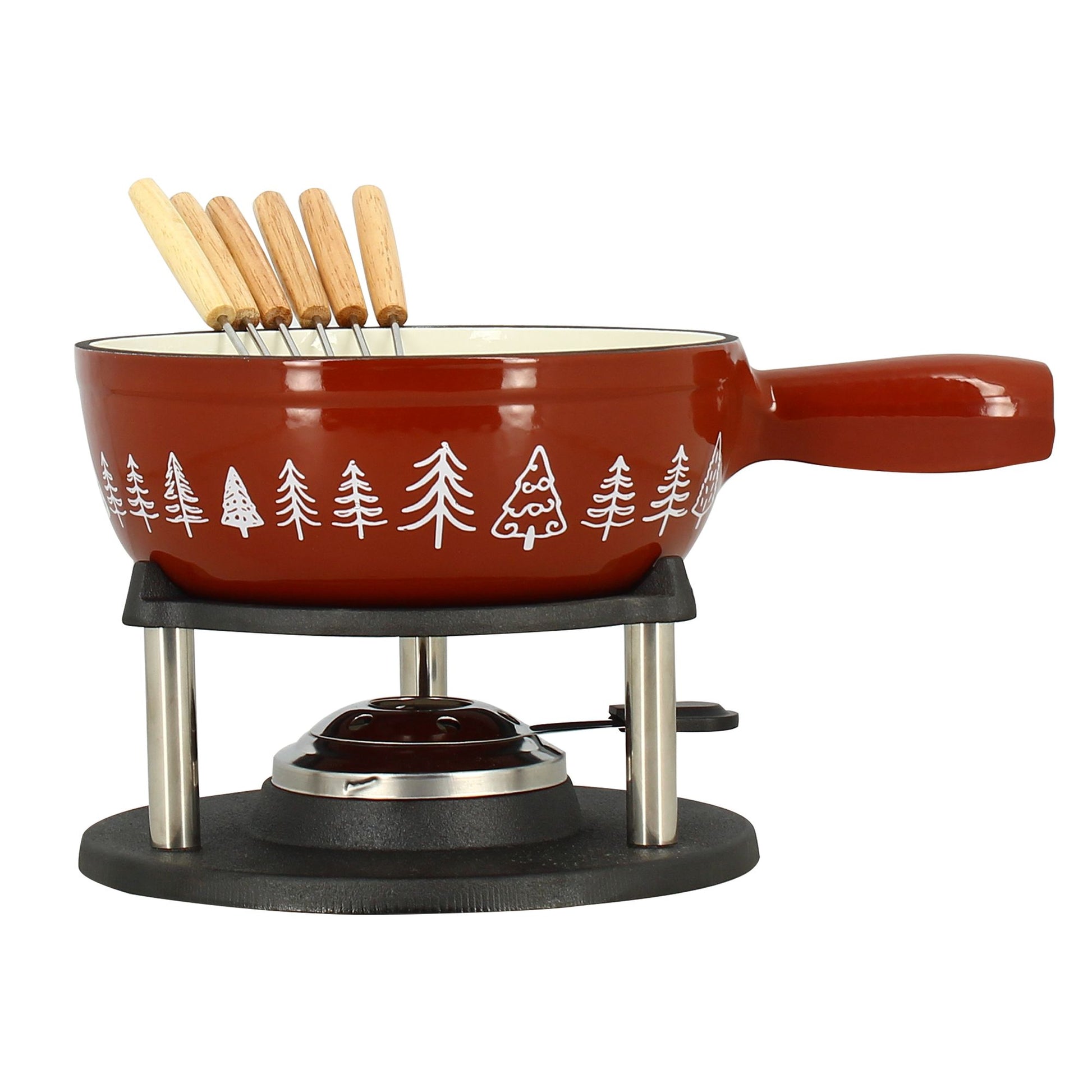Fondue montagne 1.9l en fonte rouge décorée de sapins blancs Menastyl, avec 6 fourchettes bois sur support à réchaud