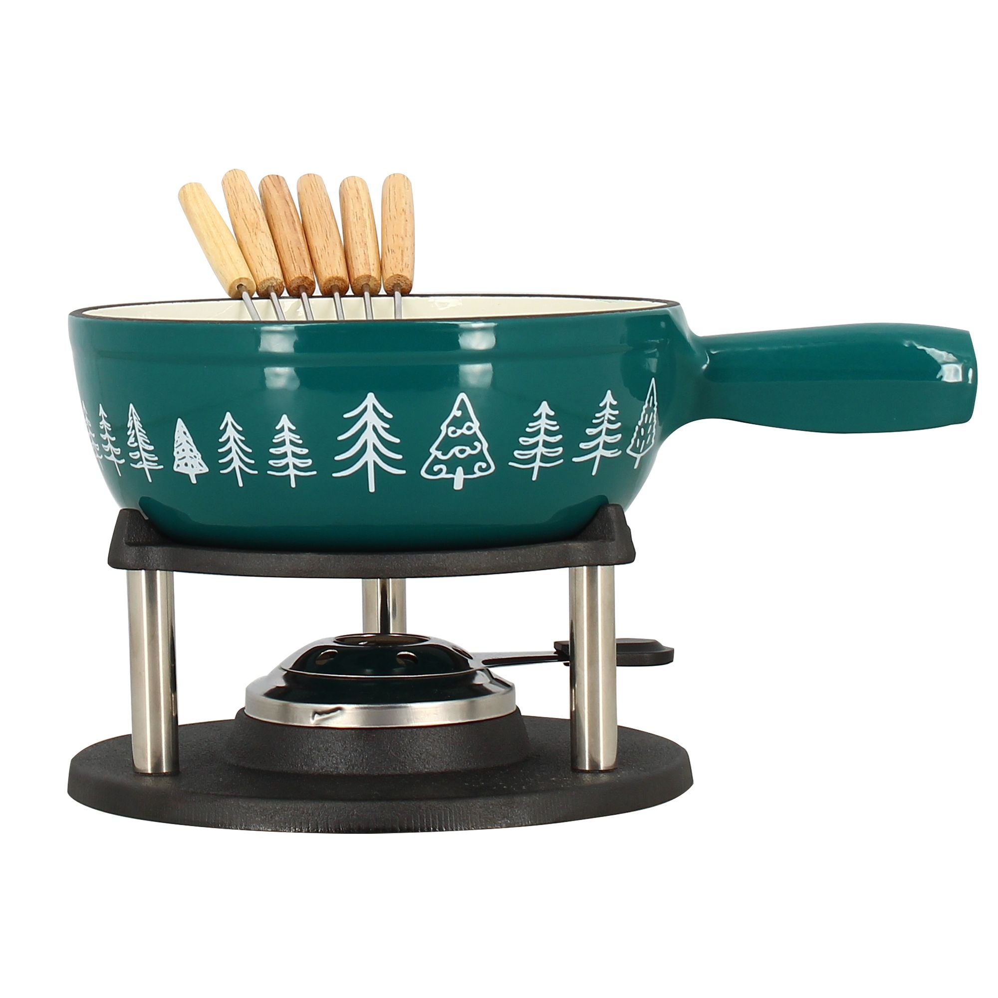 Fondue en fonte verte 1.9L décor sapins blancs sur support avec réchaud et 6 fourchettes à manche bois