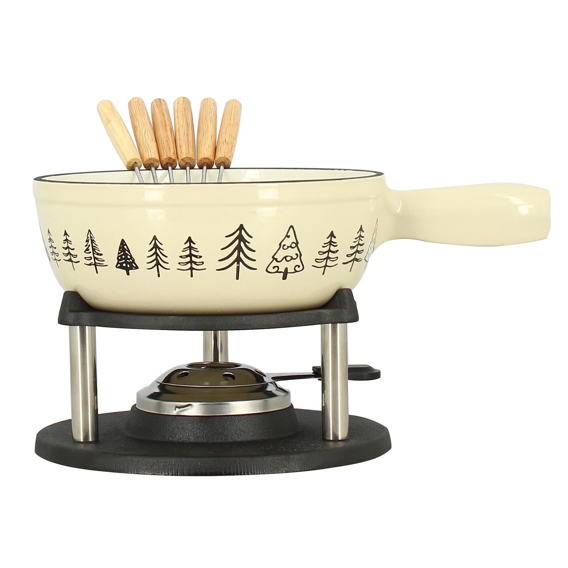 Fondue montagne 1.9l en fonte émaillée crème avec motifs sapins, 6 fourchettes bois et support chauffant