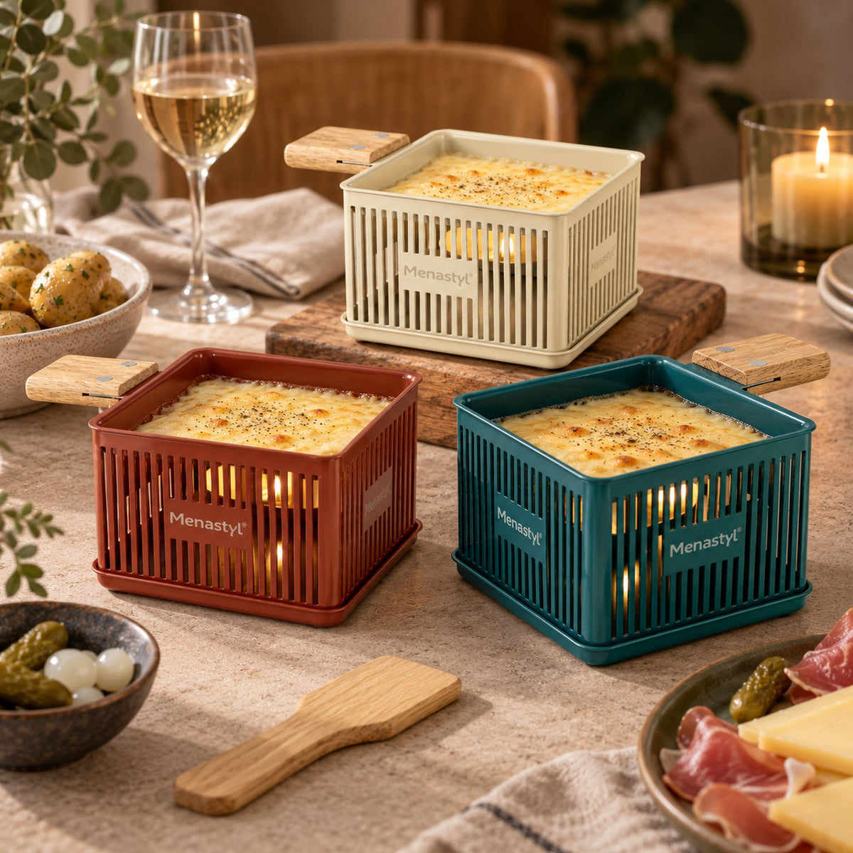 Trois raclettes à la bougie individuelles en acier carbone rouge, teal et crème, ambiance conviviale avec fromage fondu et vin blanc