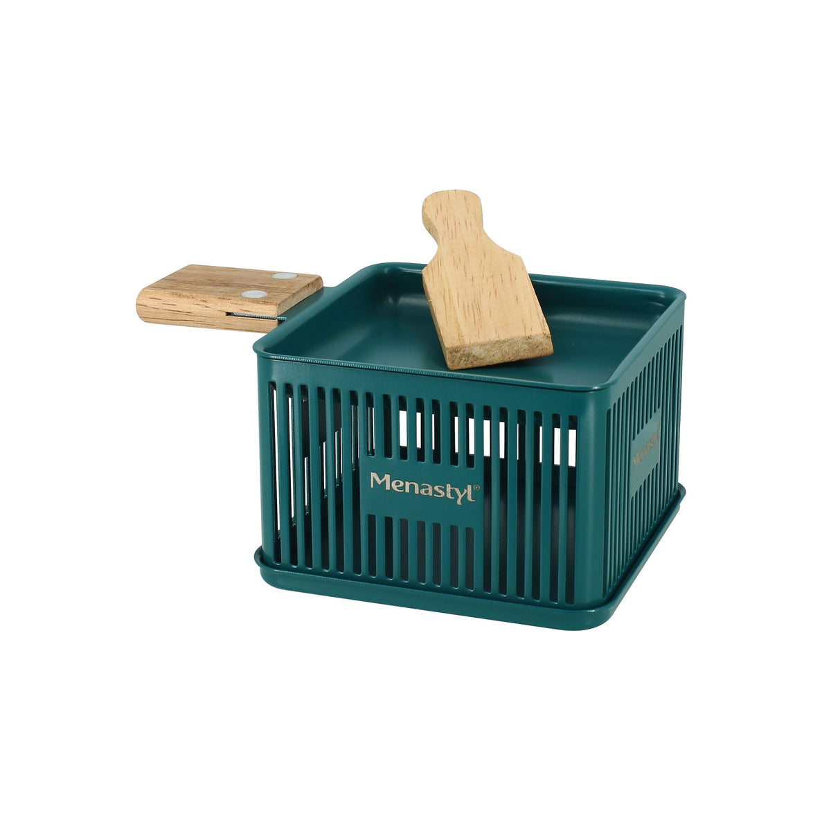 Raclette à la bougie individuelle en acier teal avec poêlon et spatule bois, vue d'ensemble