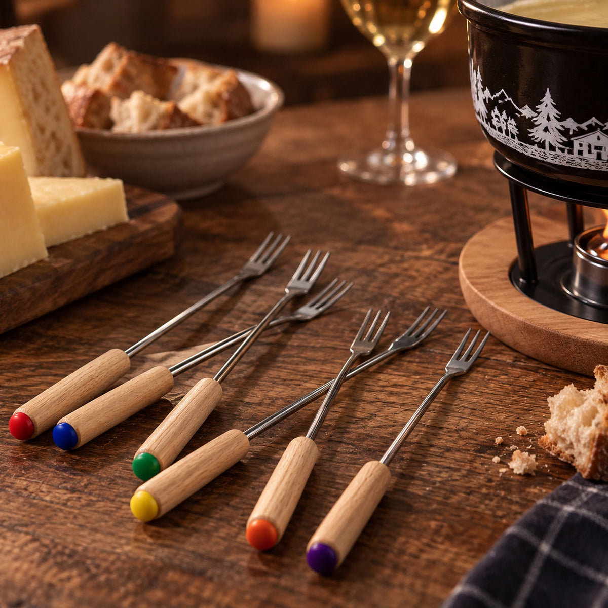 Fourchette à fondue montagne 6 pièces en acier inoxydable et bois