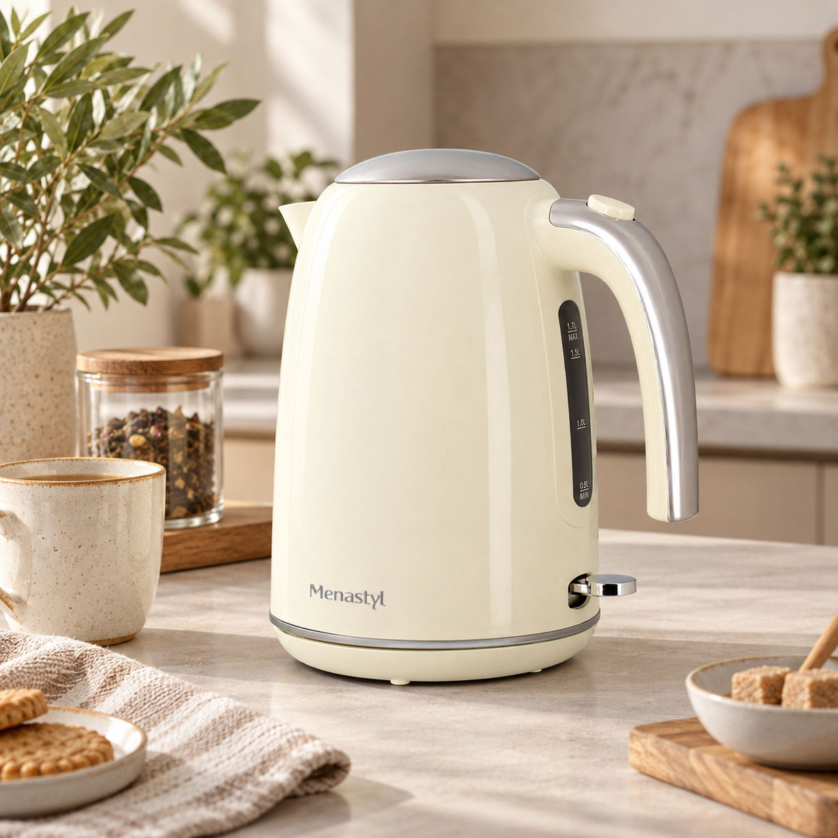 Bouilloire électrique rétro 1,7L beige crème avec mug et biscuits dans une cuisine moderne et lumineuse
