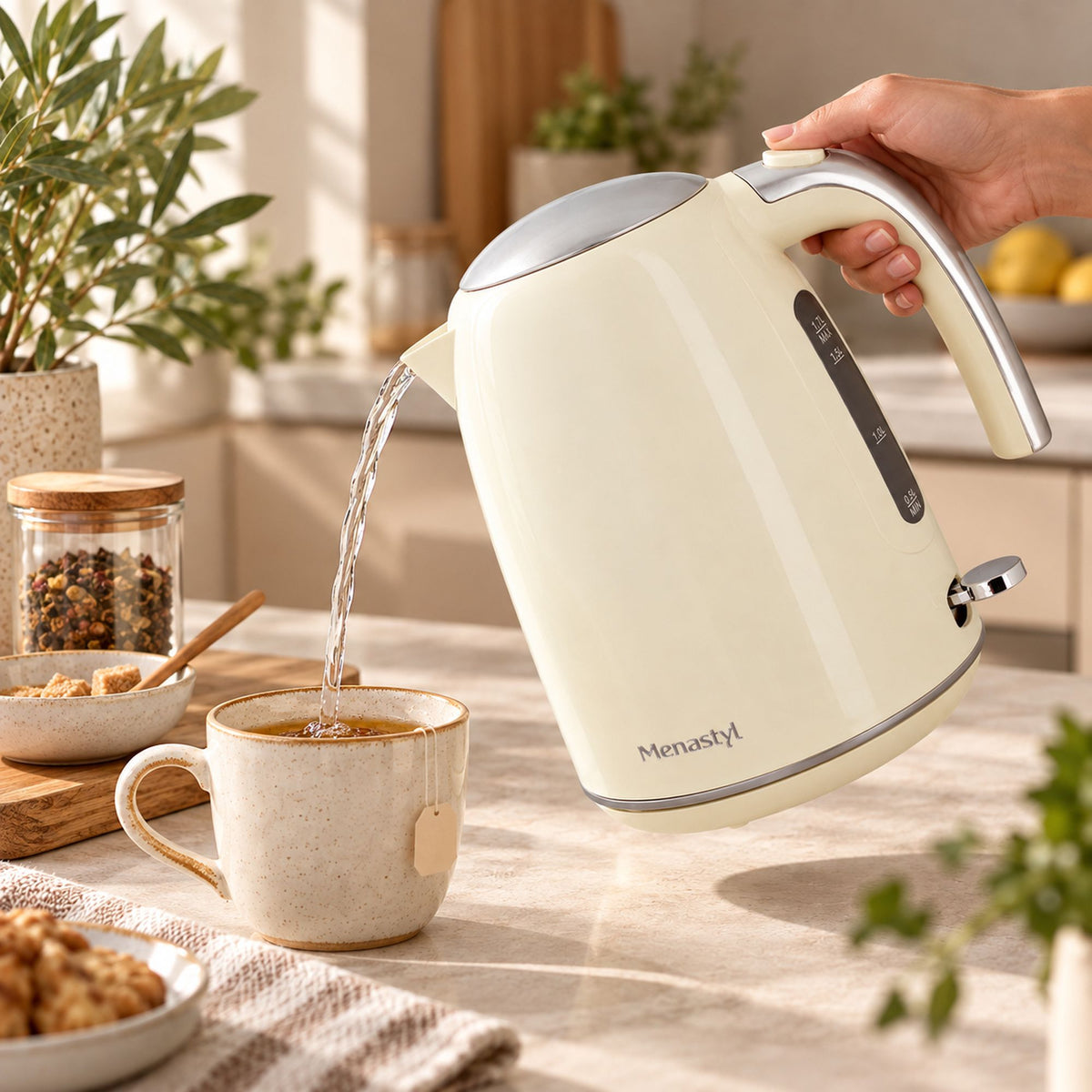 Bouilloire électrique rétro 1,7L crème versant de l'eau chaude dans une tasse pour le thé