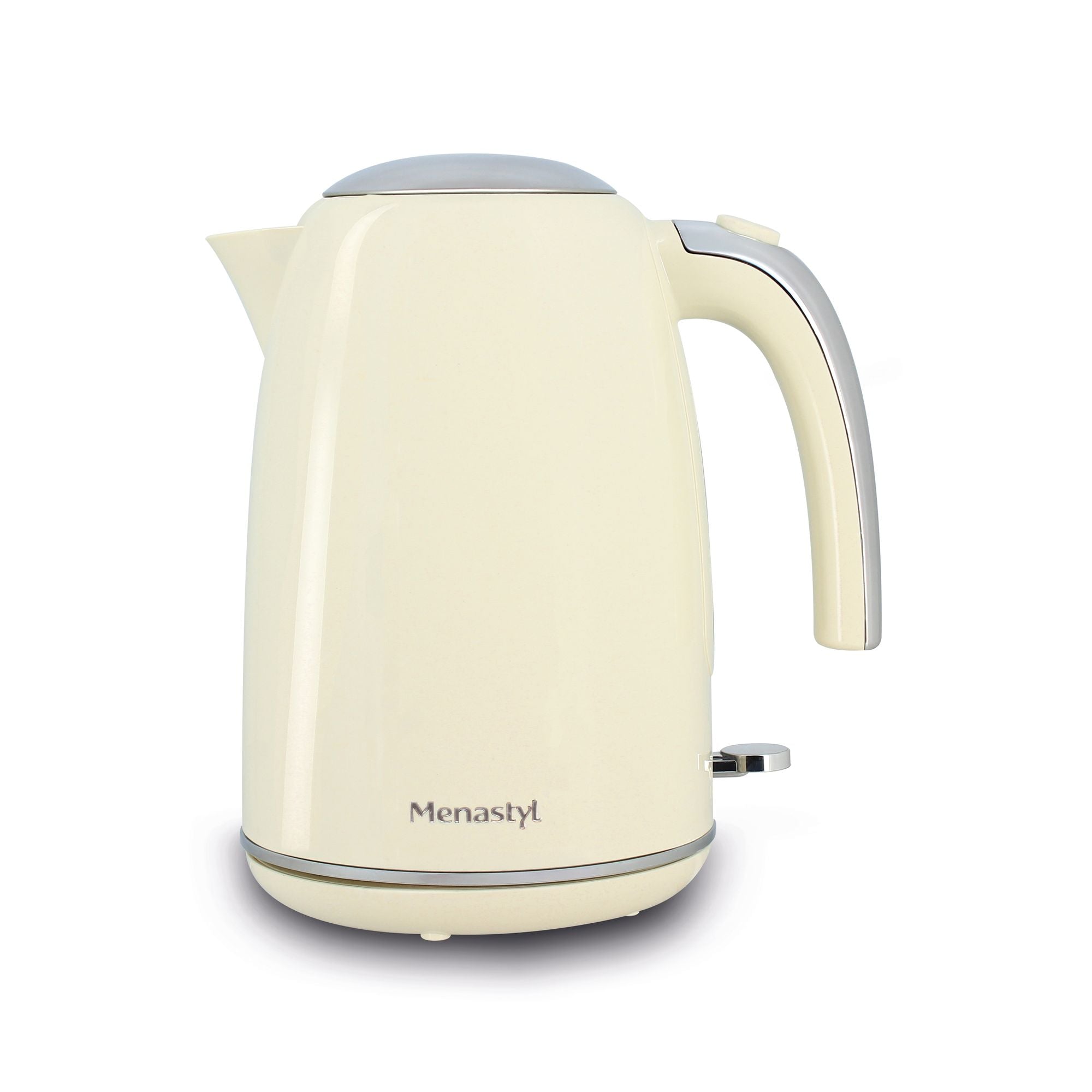 Bouilloire électrique rétro 1,7L crème en acier inoxydable, vue de trois-quarts avec poignée ergonomique