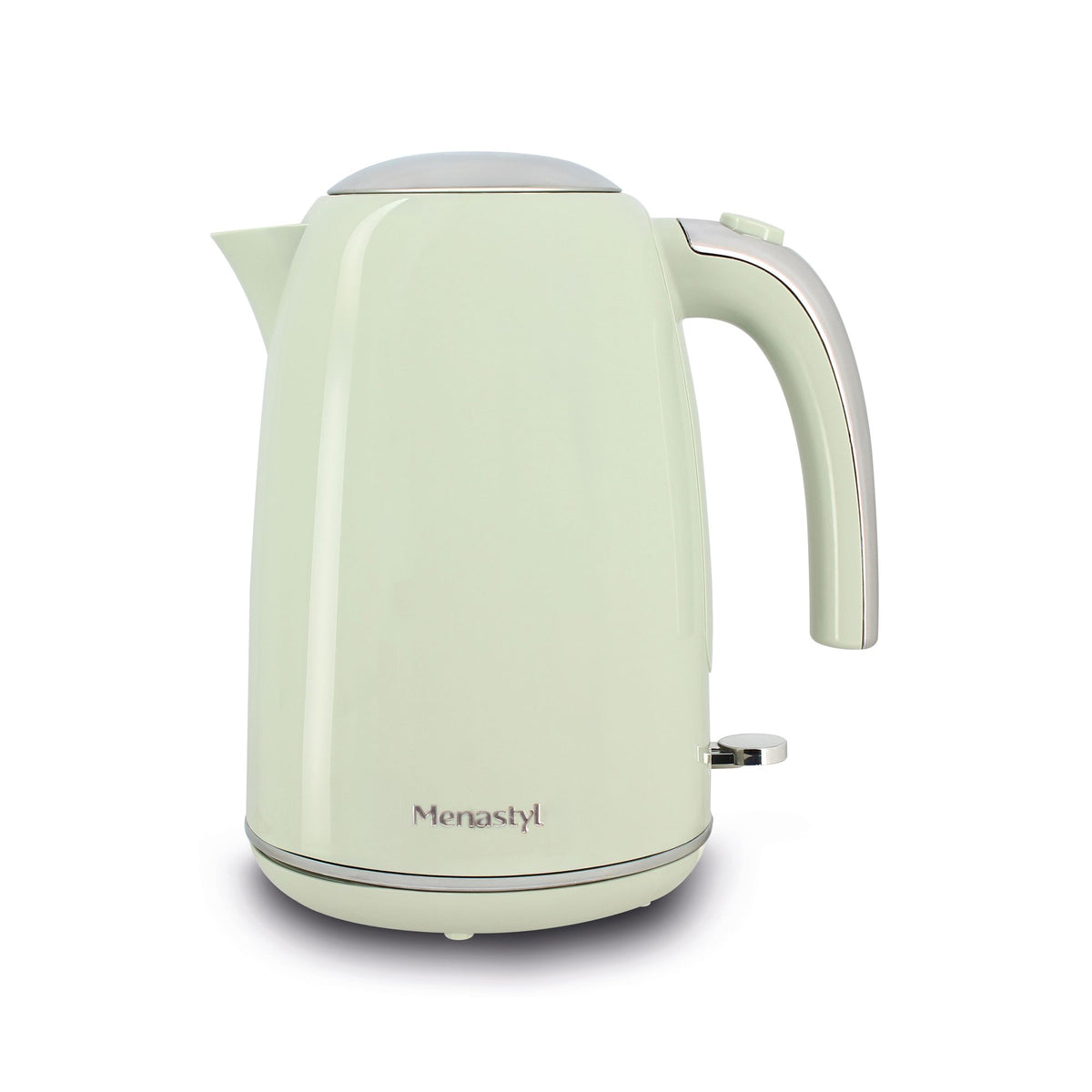 Bouilloire électrique rétro Menastyl 1,7L vert pastel en acier inoxydable, vue de face sur fond blanc