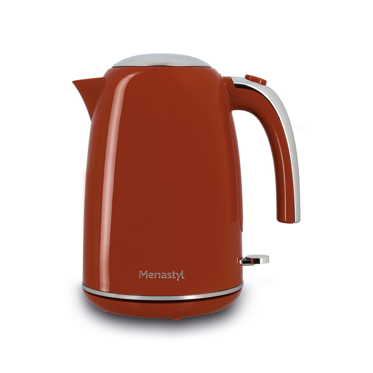 Bouilloire électrique rétro 1,7L couleur terracotta en acier inoxydable Menastyl, vue de face sur fond blanc
