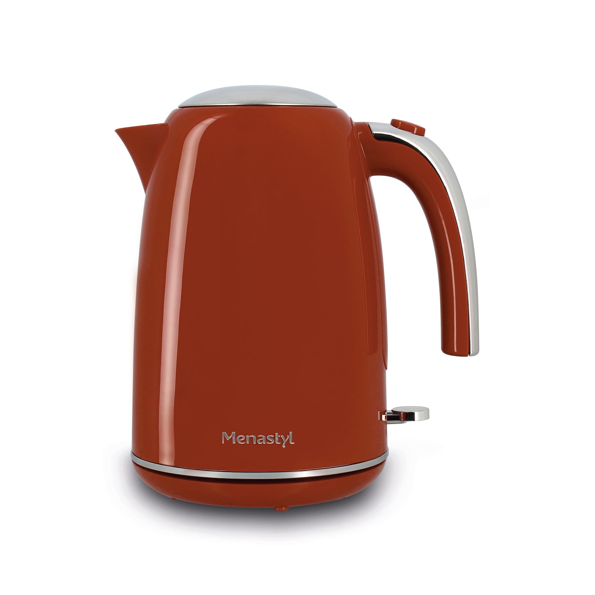 Bouilloire électrique rétro 1,7L Menastyl terracotta en acier inoxydable, vue de face sur fond blanc
