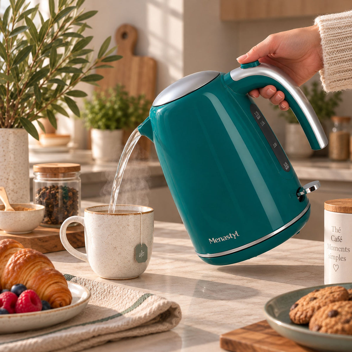 Bouilloire électrique rétro 1,7L teal versant eau chaude dans tasse, ambiance petit-déjeuner avec croissants