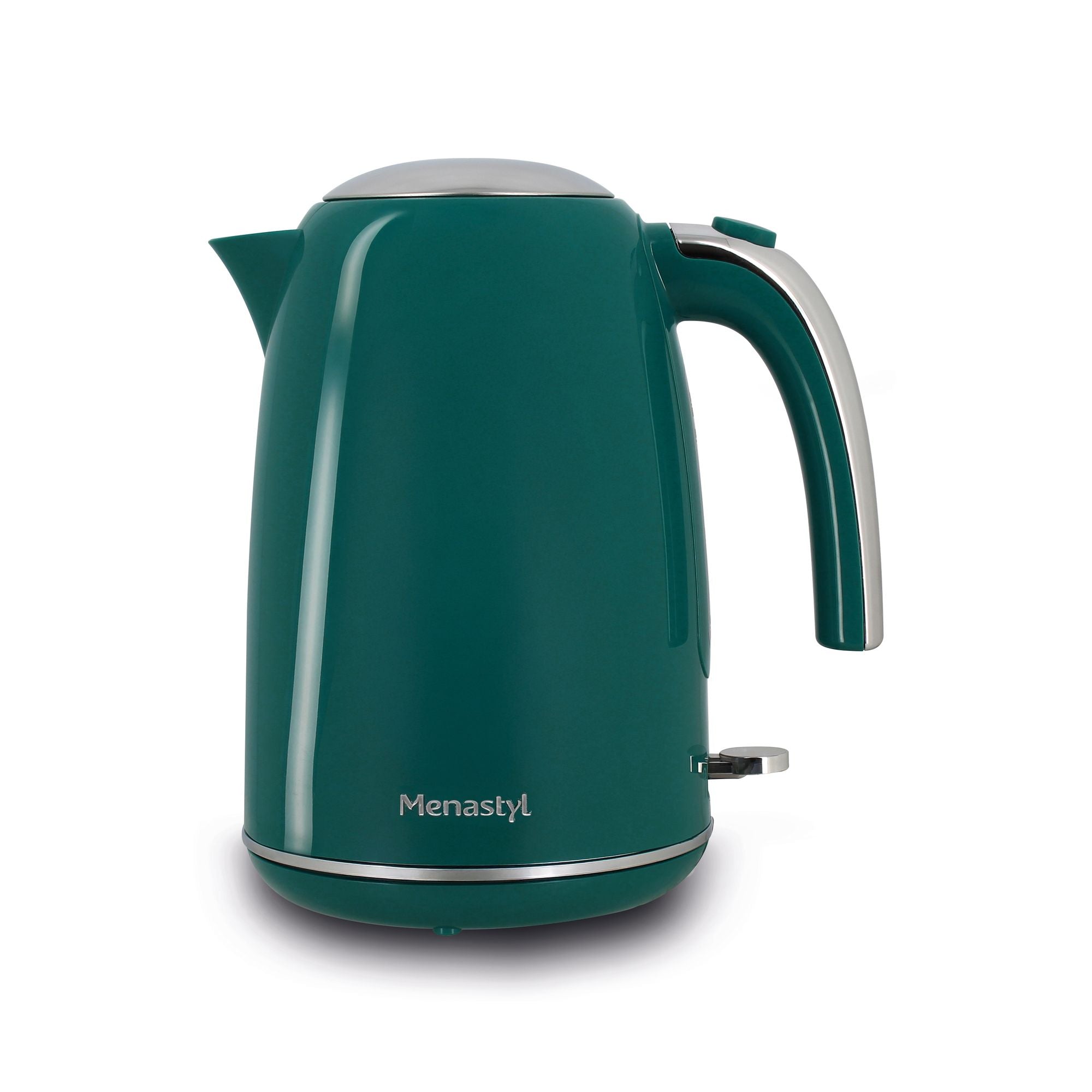 Bouilloire électrique rétro 1,7L Menastyl en acier inoxydable vert canard, vue de face sur fond blanc