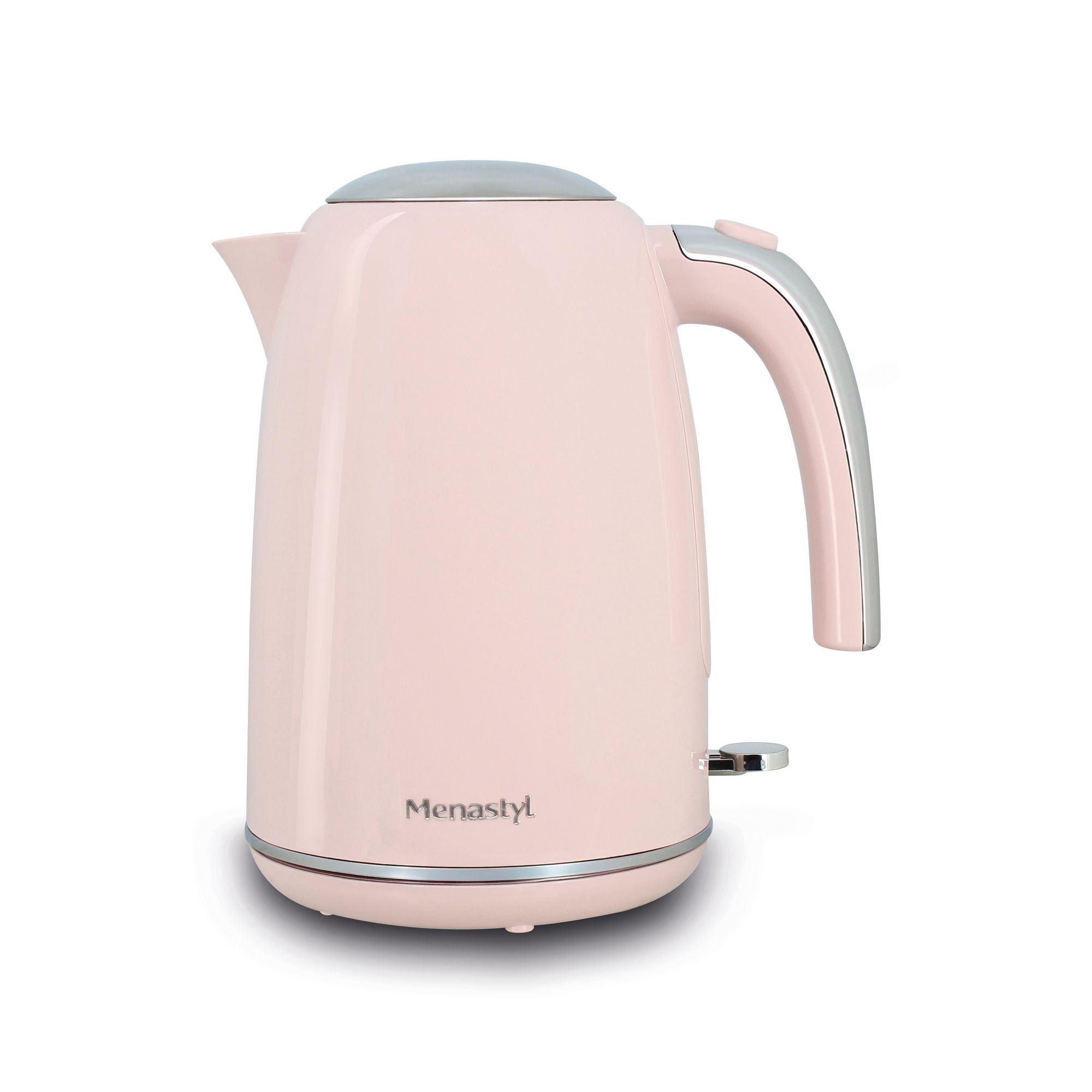 Bouilloire électrique rétro 1,7L rose pastel et gris, vue de trois quarts, acier inoxydable