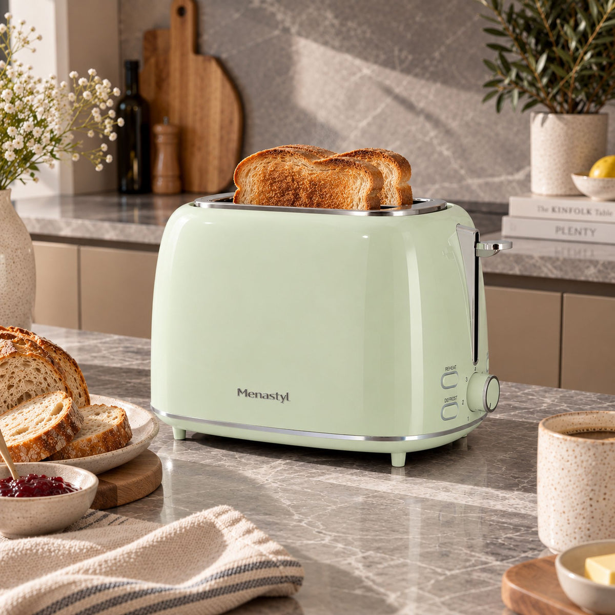 Grille-pain rétro 2 tranches Menastyl vert pastel avec toasts dorés, posé sur plan de travail cuisine moderne