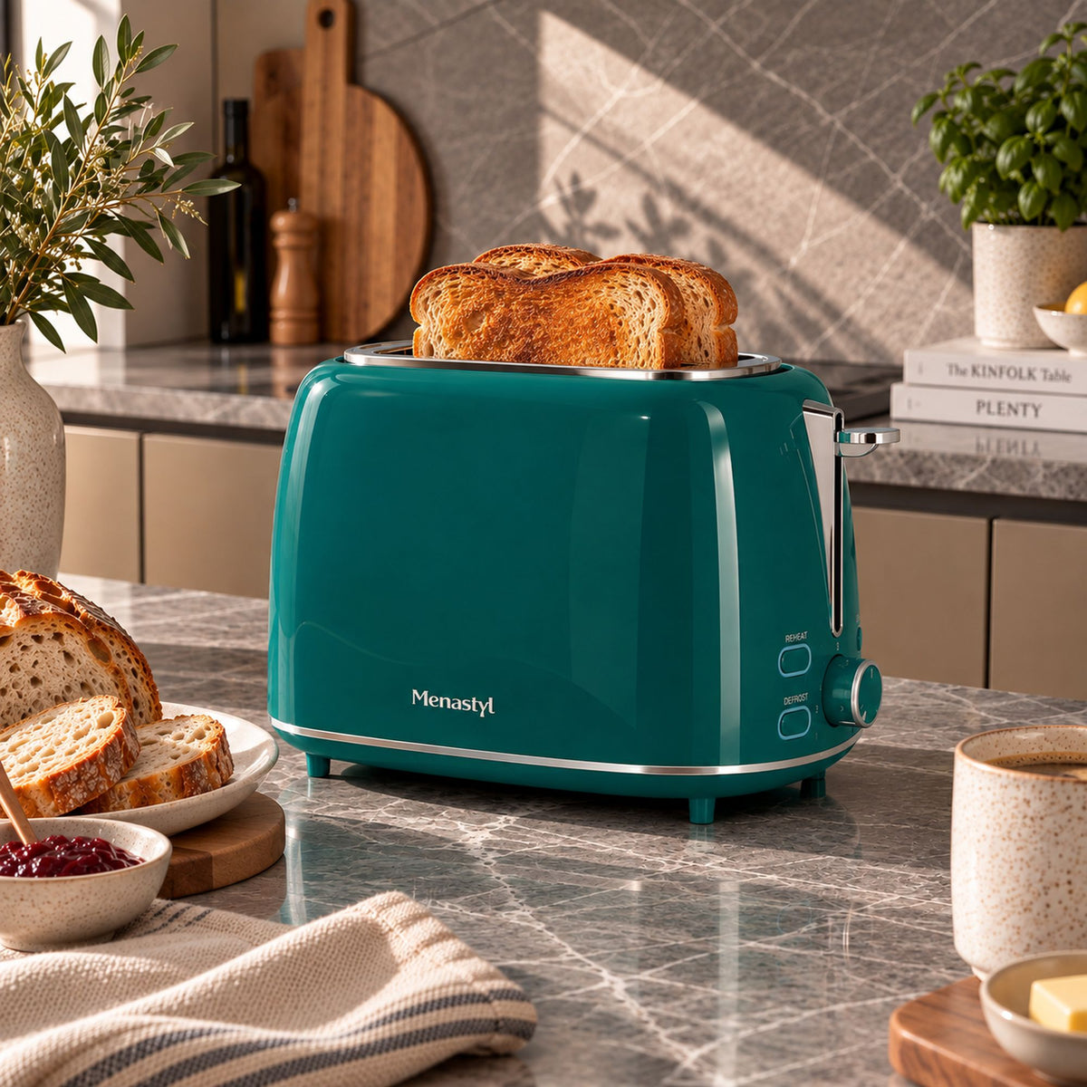 Grille-pain rétro 2 tranches turquoise Menastyl avec toast doré dans cuisine moderne et lumineuse
