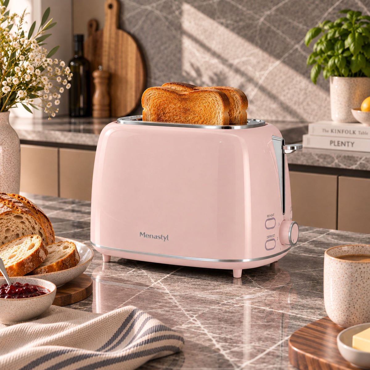 Grille-pain rétro rose pastel 2 tranches avec toast doré sur comptoir cuisine moderne avec pain et confiture