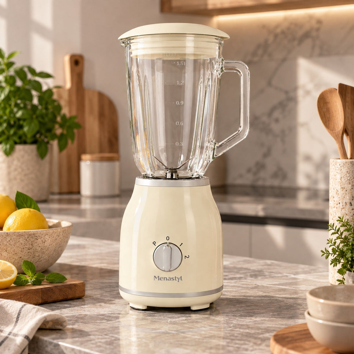 Blender rétro Menastyl 1,5L crème avec bol en verre gradué sur plan de travail de cuisine moderne